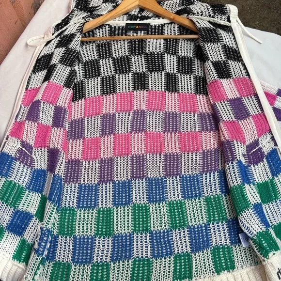 Teddy Fresh Full Zip Knit Hoodie Womens XS/S Checkered Multicolor Oversized - Picture 10 of 15